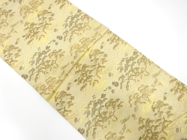 JAPANESE KIMONO / ANTIQUE MARU OBI / WOVEN PINE & CLAMS WITH BOAT